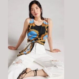 Anthropologie Tiny Landmark Paris Print Postcard Wrap Tie Waist Top Sz M NWT